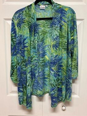 Kim Rogers Blue and Green Tropical Print Cardigan